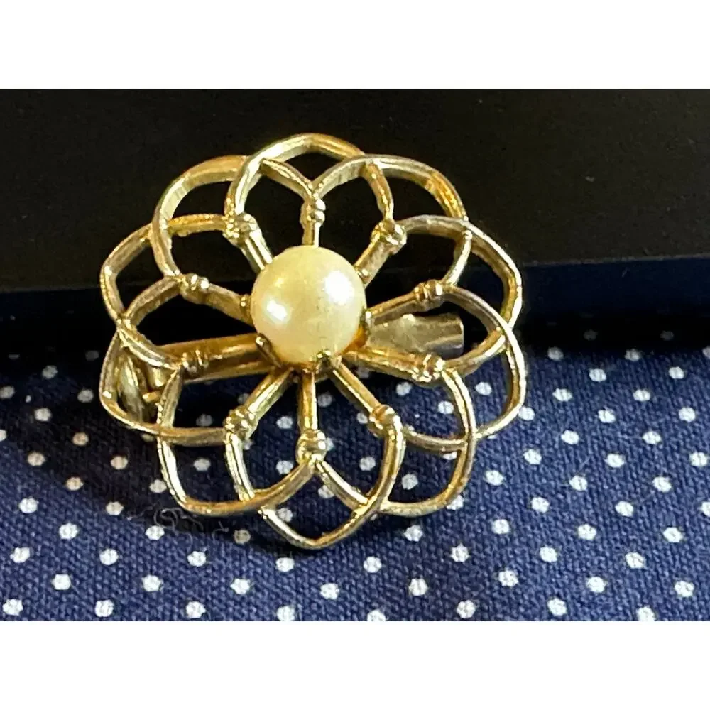 Gold-Tone Floral Pin With Single Pearl Center Vintage Openwork Design Estate